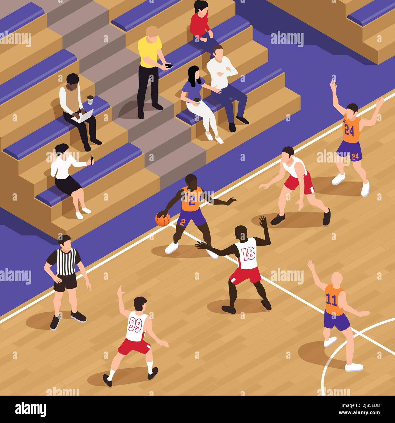 Composición isométrica de baloncesto con escenario de cancha cubierta con  personas sentadas viendo juegos y jugando a los miembros del equipo  ilustración vectorial Imagen Vector de stock - Alamy
