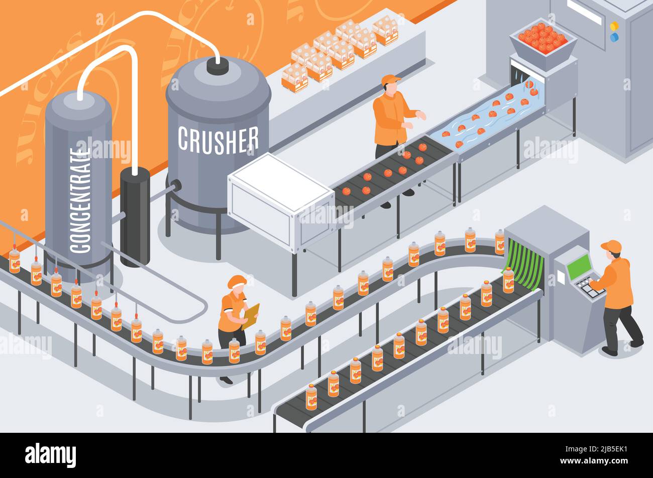 Composición isométrica de la producción de zumo con vista interior del departamento de la planta con trabajadores de la línea transportadora e ilustración de vectores de botellas Ilustración del Vector
