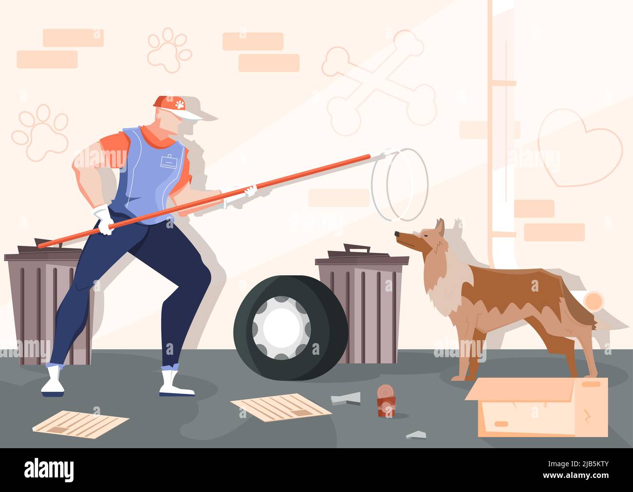 Captura de animales sin hogar composición plana con paisaje callejero pared de ladrillo basura y humano con perro salvaje vector ilustración Ilustración del Vector