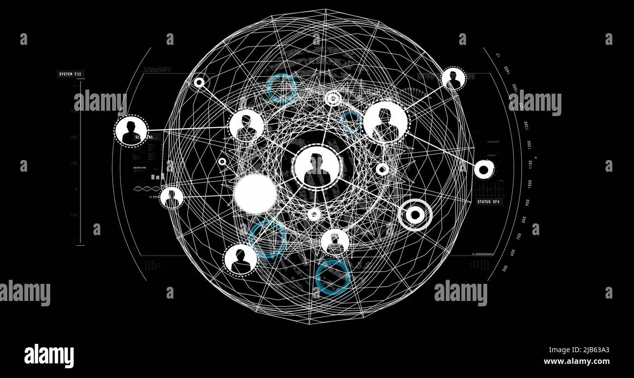 Imagen de red de conexiones con iconos sobre forma geométrica con fondo negro Foto de stock