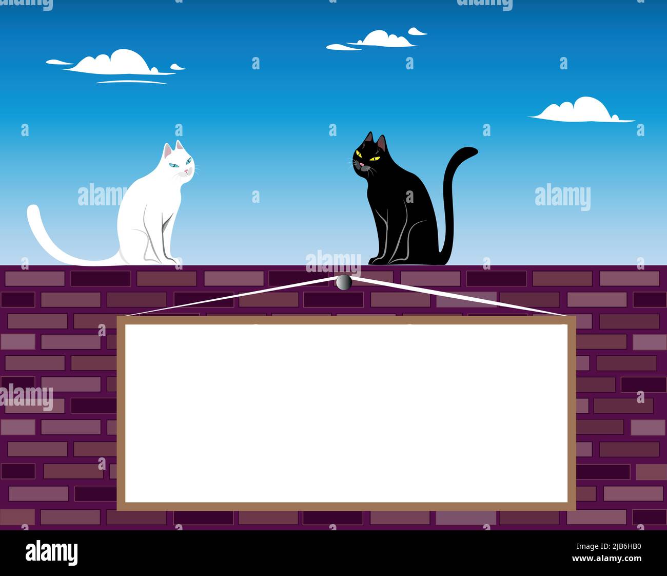 gato blanco y negro. Dos gatos, blanco y negro, están sentados en una pared de ladrillo. Las nubes están flotando en el cielo. Hay un tablero en la pared para cualquier lindo Ilustración del Vector