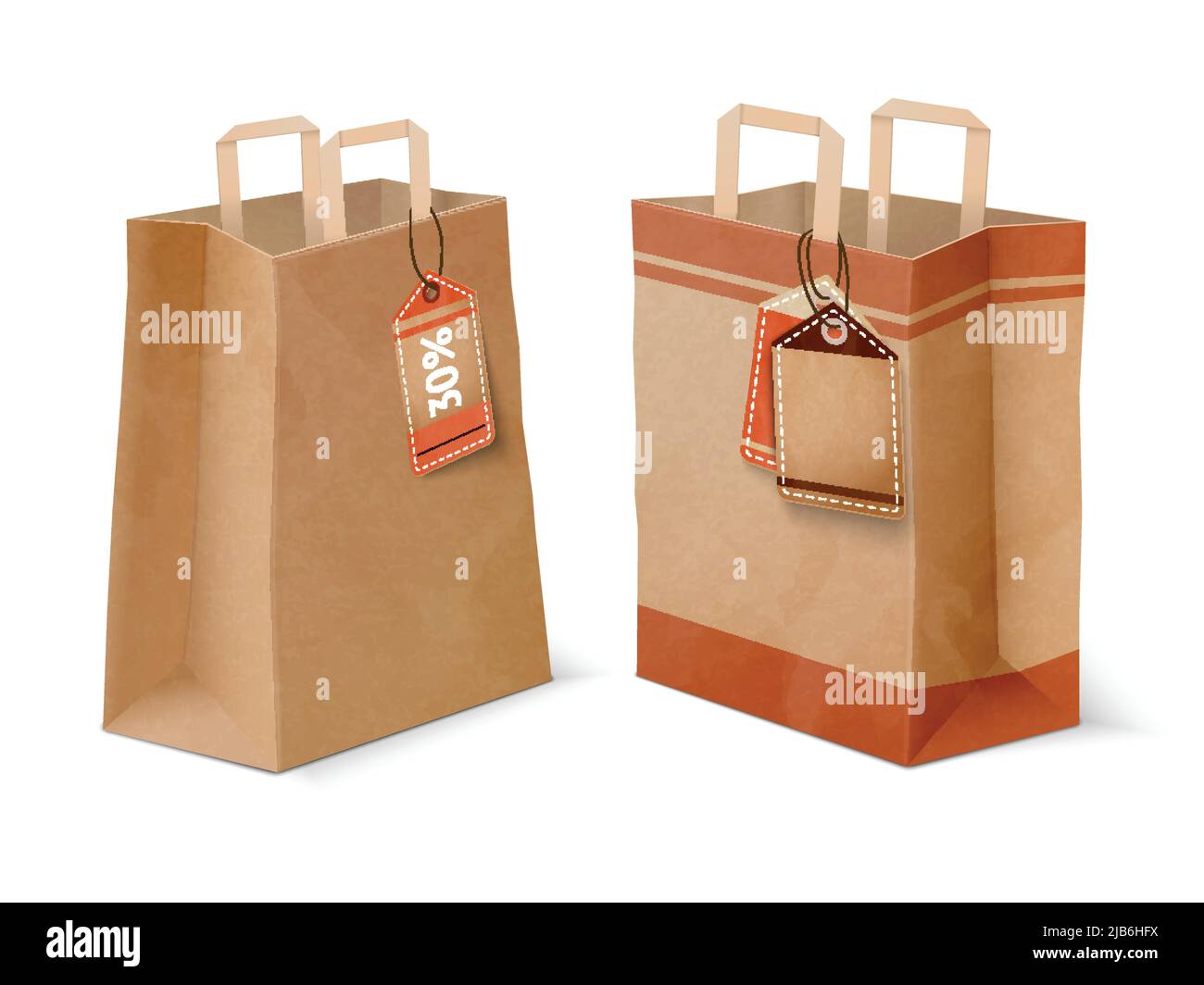 Plantilla de bolsas de compras de papel con etiquetas de precio de cartón descuento ofrece publicidad anuncios ilustración vectorial aislada Imagen Vector de stock - Alamy