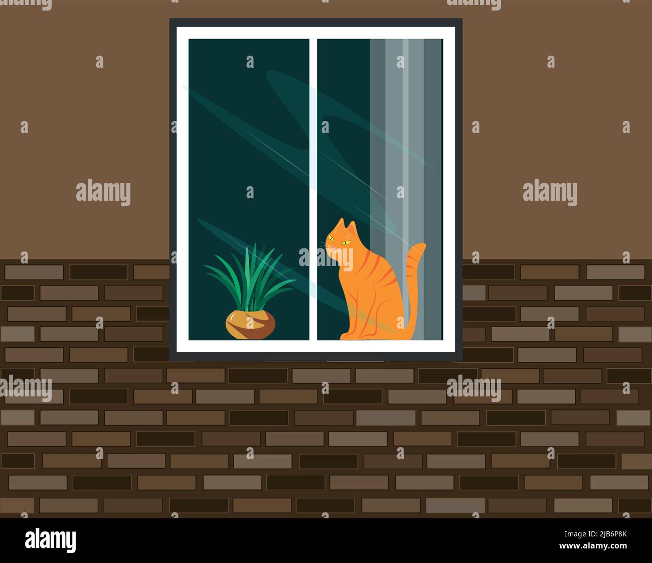 ventana y un gato. La pared de ladrillo de la casa en una acogedora sombra es agradable a la vista. En la ventana se puede ver un gato de jengibre y una maceta de flores. Ilustración del Vector