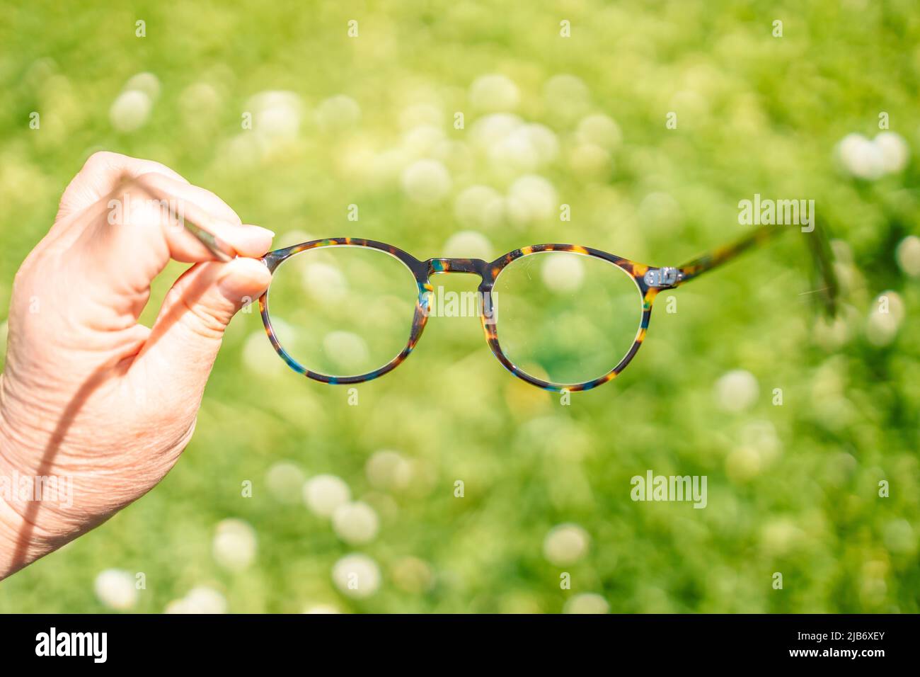 Mala visión, con la mano sujetando las elegantes gafas con montura sobre un fondo verde borroso Foto de stock