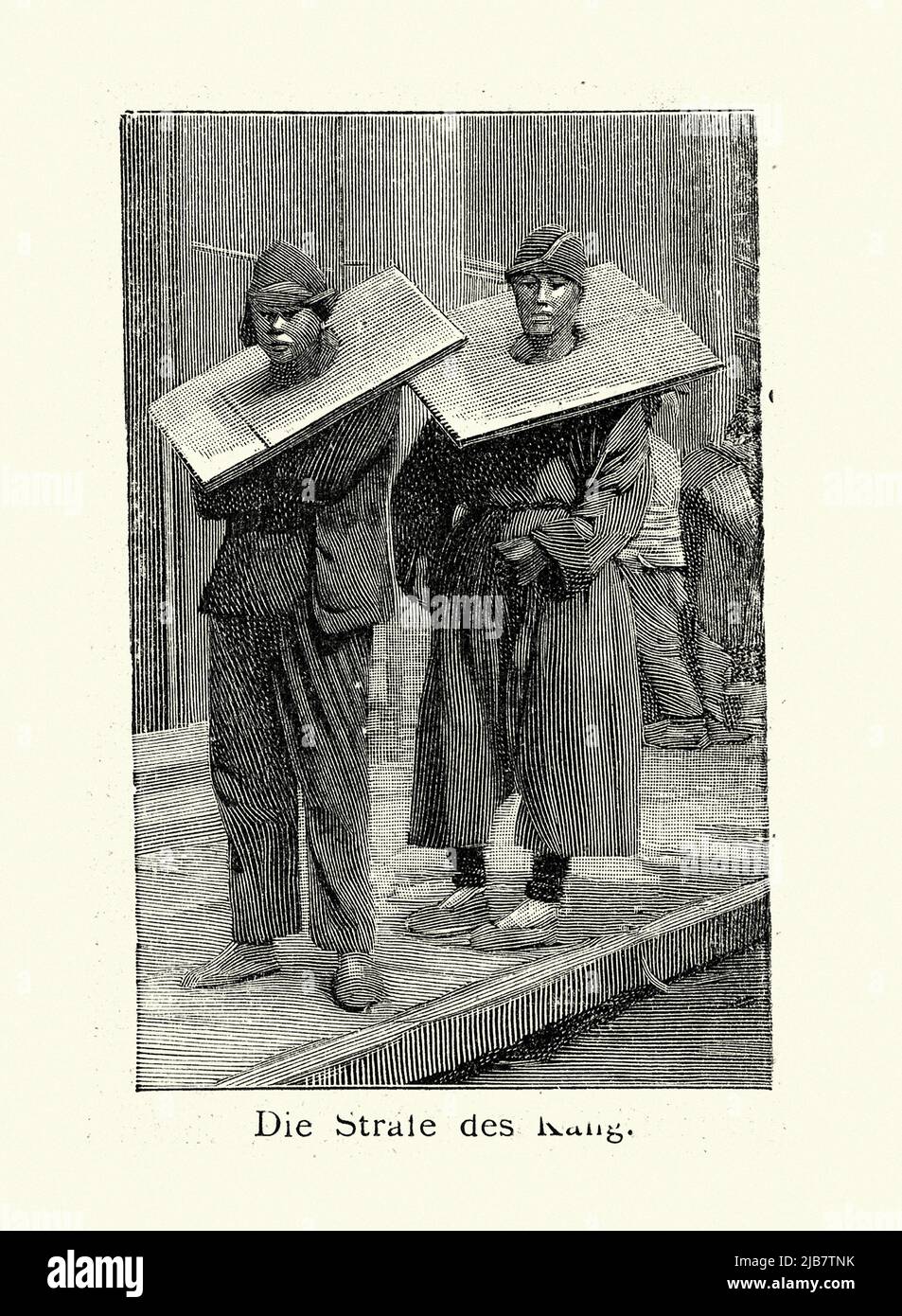 Ilustración vintage de los hombres castigados por un crimen en un pillaje, China, siglo 19th Foto de stock
