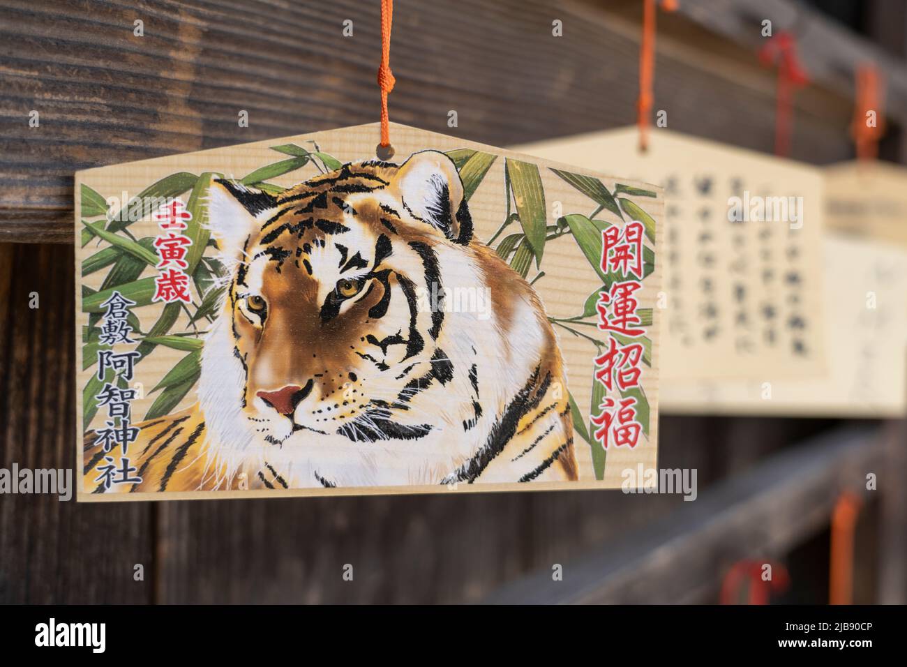Tablillas de oración ema con temática de tigre, santuario de Achi, Kurashiki, prefectura de Okayama, Honshu occidental, Japón. Foto de stock