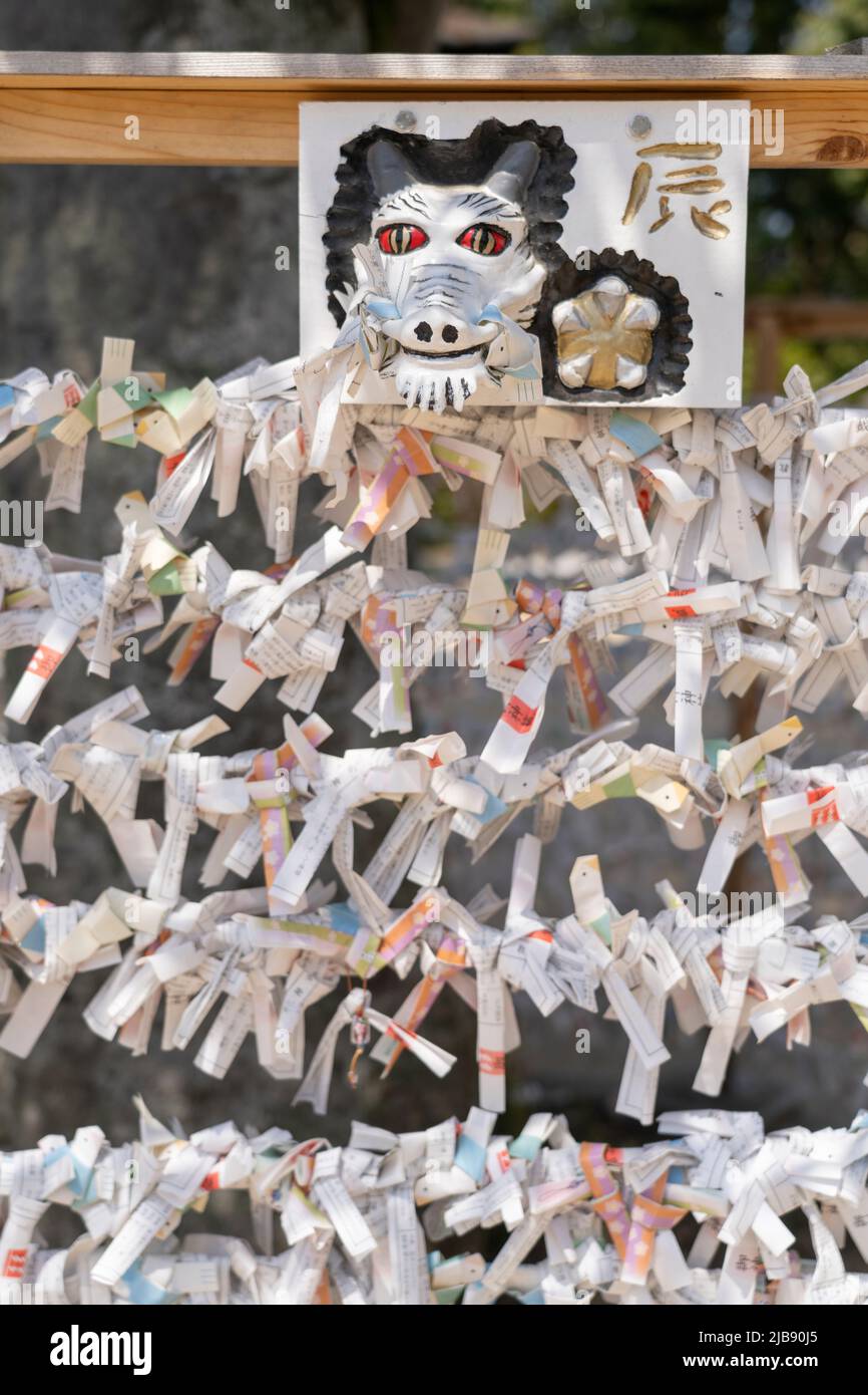 Artículos de la fortuna de omikuji con el signo del dragón del zodiaco japonés en el santuario de Achi, Kurashiki, prefectura de Okayama, Honshu occidental, Japón. Foto de stock