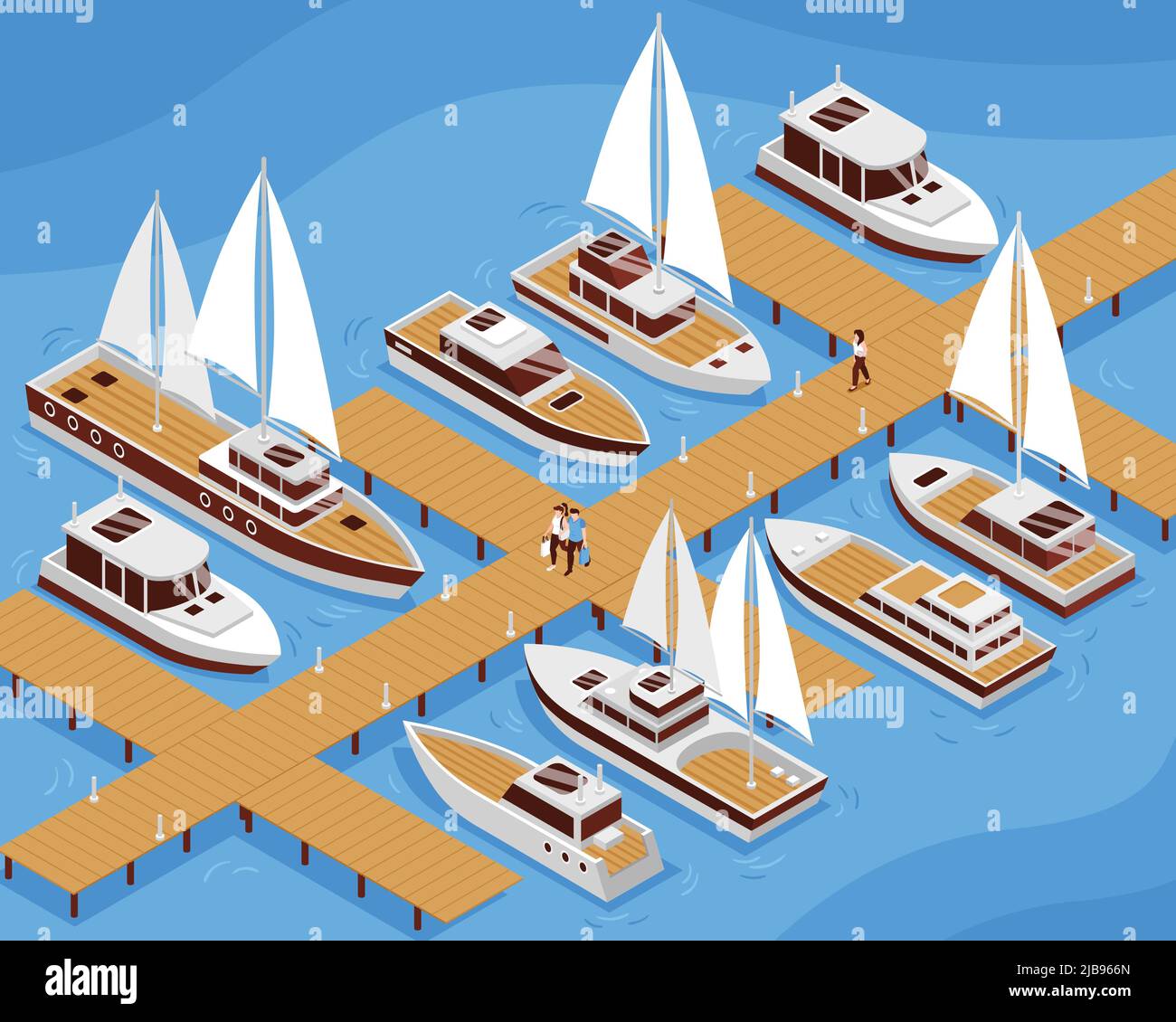 Barcos de vela y barcos a motor y la gente que va a lo largo del muelle 3D ilustración de vector isométrico Ilustración del Vector