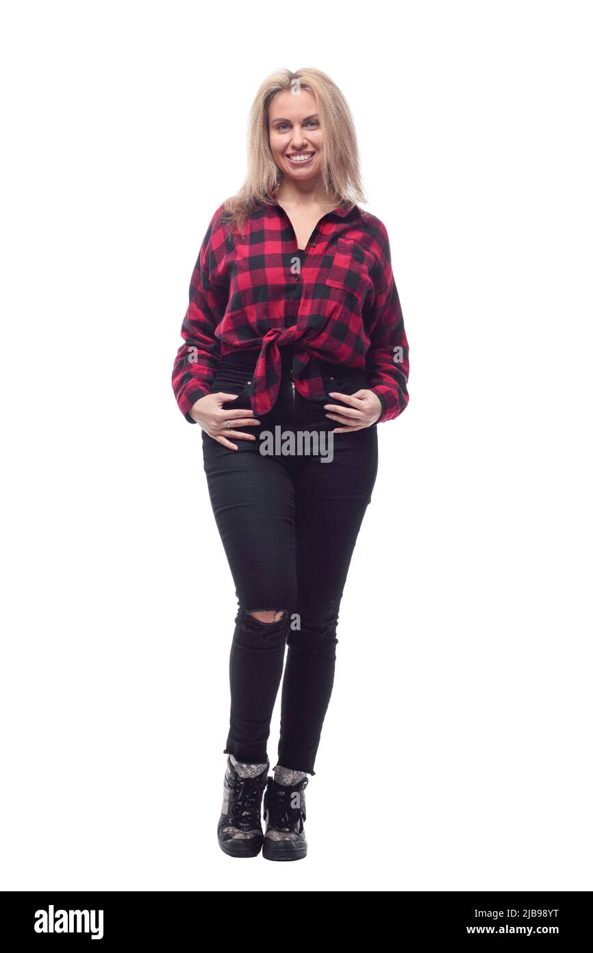 mujer joven con camisa de cuadros rojos y pantalones ajustados Fotografía de stock - Alamy