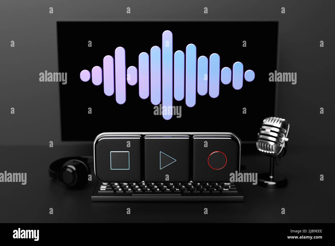 3d ilustración del botón de conmutación de música: iniciar, detener y  grabar canciones en segundo plano teclado realista del ordenador o  portátil, micrófono, teléfono, cabeza Fotografía de stock - Alamy
