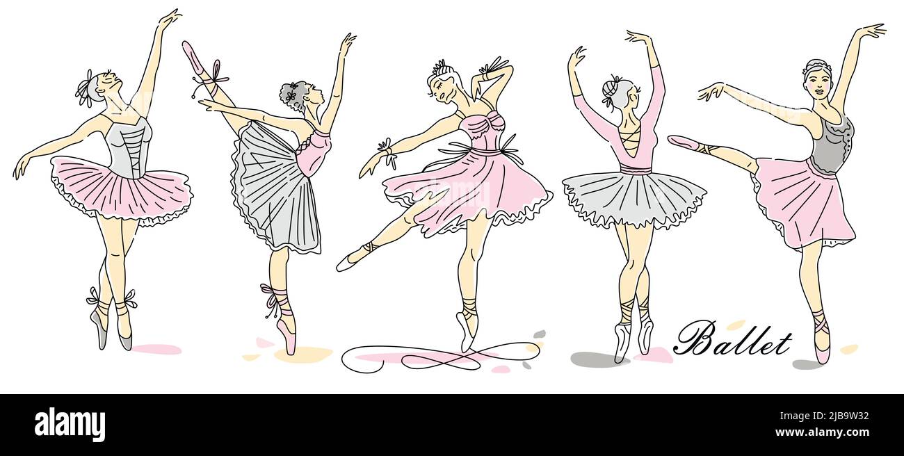 Bailarinas de ballet conjunto de líneas continuas de dibujo en color rosa.  Logotipo de tendencia de baile Imagen Vector de stock - Alamy