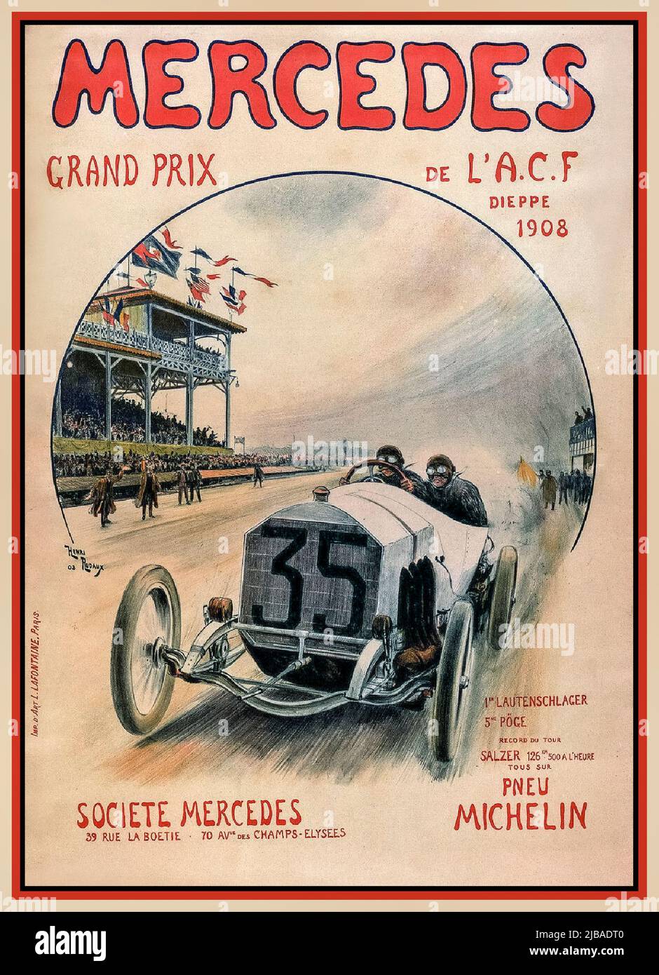 Mercedes Vintage Número 35 Gran Premio 1908 Cartel de L'ACF Dieppe Pneu Michelin, Societe Mercedes. Francia. Christian Lautenschlager en su Mercedes ganador número 35 en el Gran Premio de Francia de 1908 en Dieppe. Fecha 7 de julio de 1908 Foto de stock