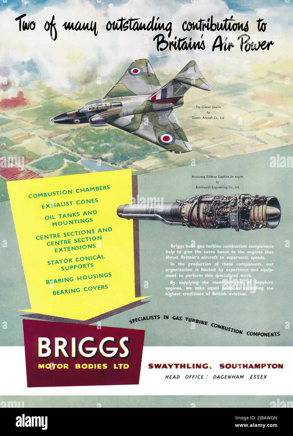 1955 Anuncio británico para Briggs Motor Bodies Ltd, fabricantes de componentes de ingeniería de aviación para motores de turbina de gas, mostrando un Meteor Gloster con el motor de reacción Armstrong Siddeley Sapphire. Foto de stock