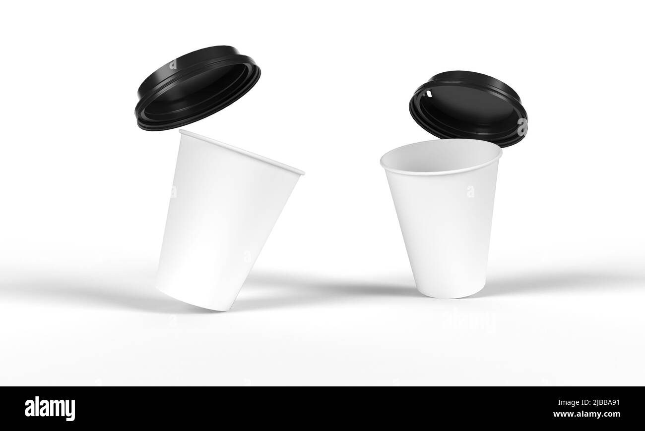Vaso de papel blanco desechable con tapa de plástico negro simulado aislado. Café té de poliestireno vacío taza de beber bocadillo. 3D Renderizar ilustración Foto de stock