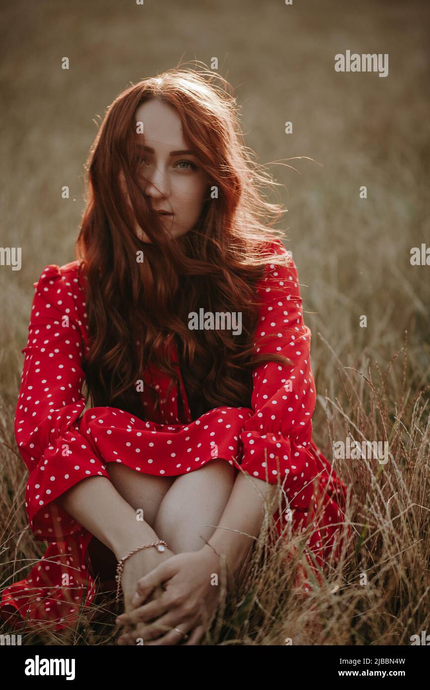 hermosa joven adulta con un vestido rojo en el campo de trigo sentada con brazos cruzados en sus piernas y mirando la cámara Foto de stock