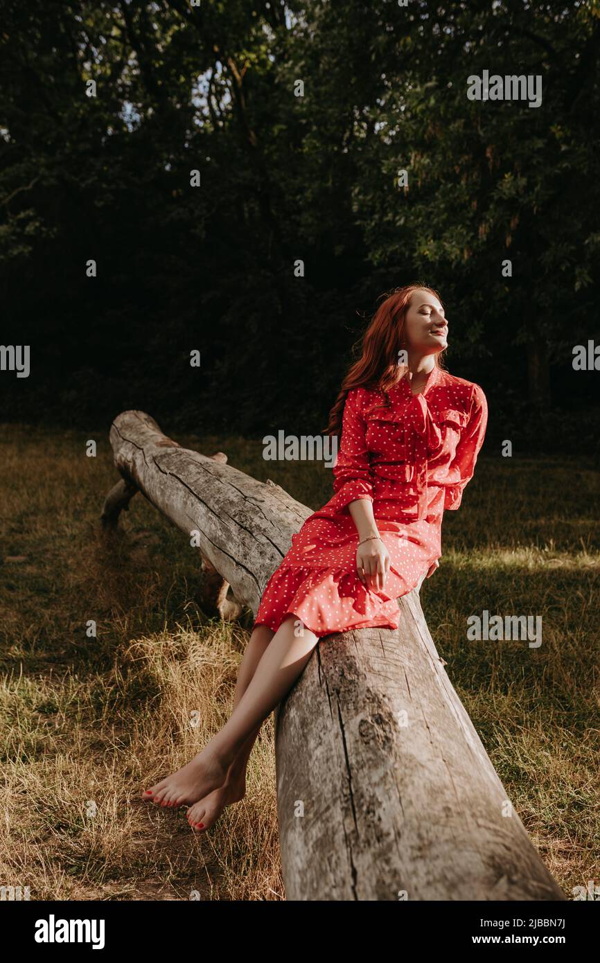 Retrato de mujer joven pelirroja en vestido corto de verano rojo con motas blancas sentado en la viga de madera de árbol caído seco Foto de stock