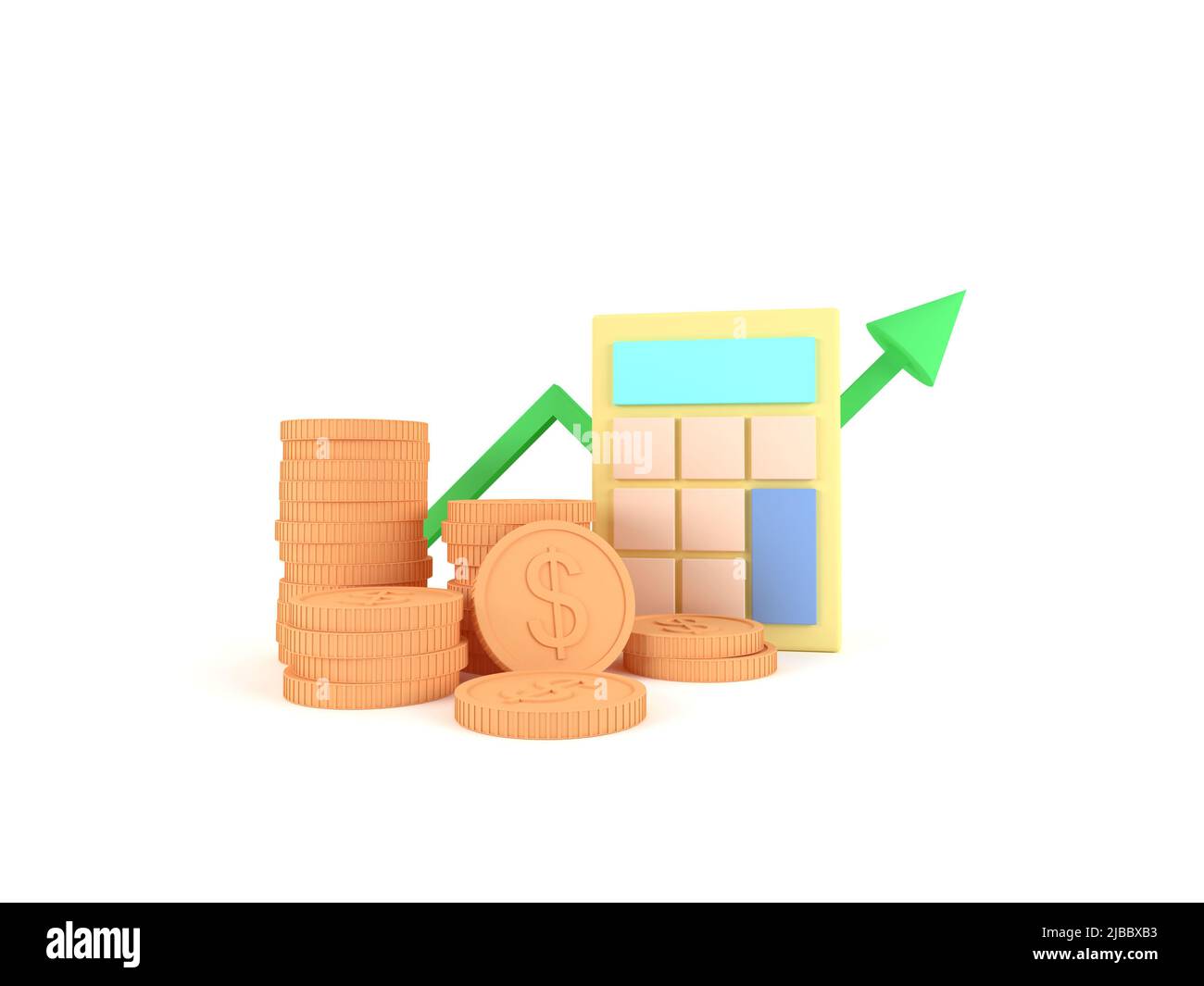Pila de monedas de dibujos animados y calculadora con flecha de gráfico de líneas sobre fondo blanco. Concepto de ahorro de dinero e inversión financiera, renderización 3D. Foto de stock