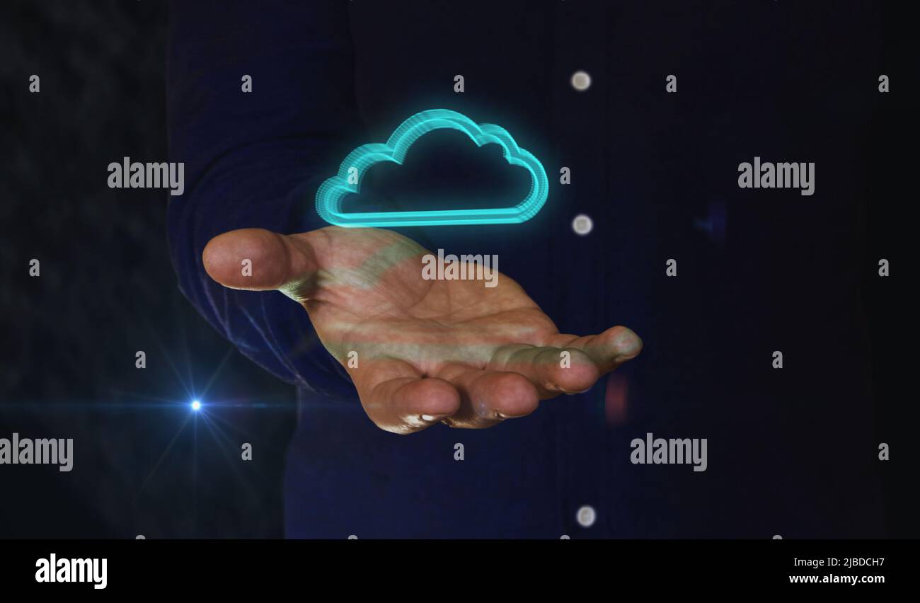 Cloud computing y almacenamiento en línea y el símbolo de servidor de Internet 3D sobre la mano del hombre. Icono de tecnología cibernética concepto abstracto sin fisuras y loopable. Foto de stock