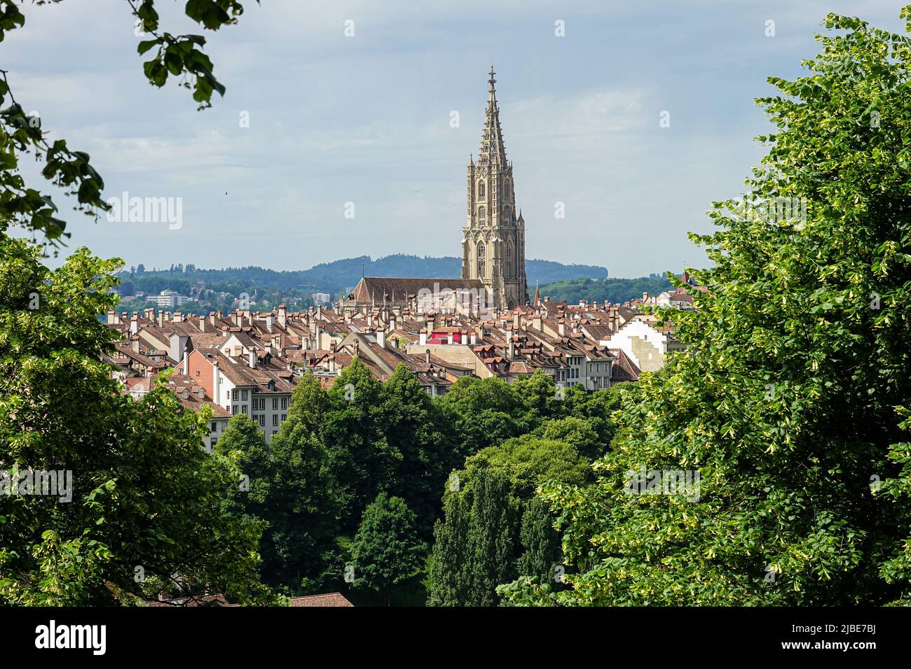 Vista panorámica del casco antiguo de Berna desde arriba en el jardín de rosas Foto de stock