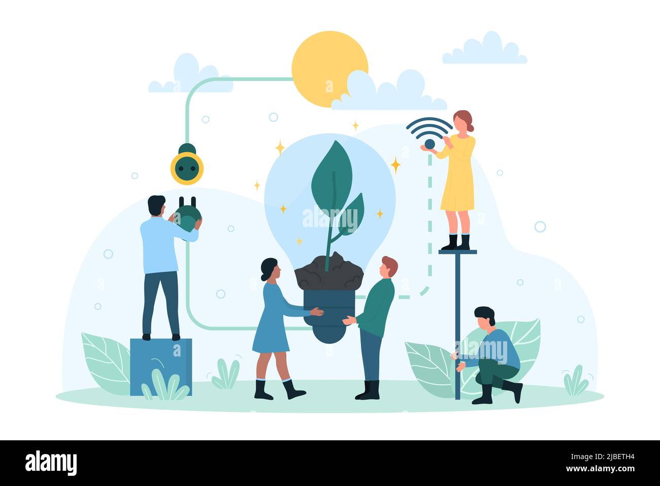 Energía verde, tecnología global ecológica. Dibujos animados Las personas  diminutas ahorran, cuidan y limpian el medio ambiente de la Tierra, crecen  planta dentro de la bombilla de luz plana vector ilustración. Ecología,