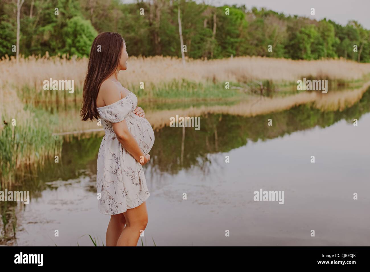 Mujer de embarazo natural relajándose en el lago de campo con ropa de maternidad para caminar por la naturaleza. Joven asiática embarazada feliz chica sana al aire libre Foto de stock