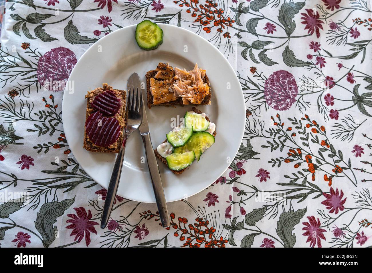 Ingredientes típicos de una smørrebrød casera danesa. Salmón ahumado sobre pan negro, frikadelle, remolacha, pepinos. Assens, Dinamarca, Europa Foto de stock