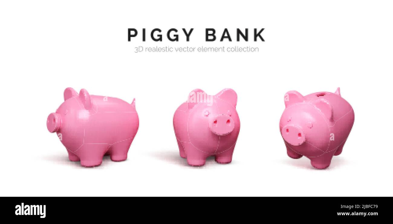 Juego de banco realista de 3D piggy. Cerdo rosa aislado sobre fondo blanco. Concepto de banco piggy de depósito de dinero e inversión. Ilustración vectorial Ilustración del Vector