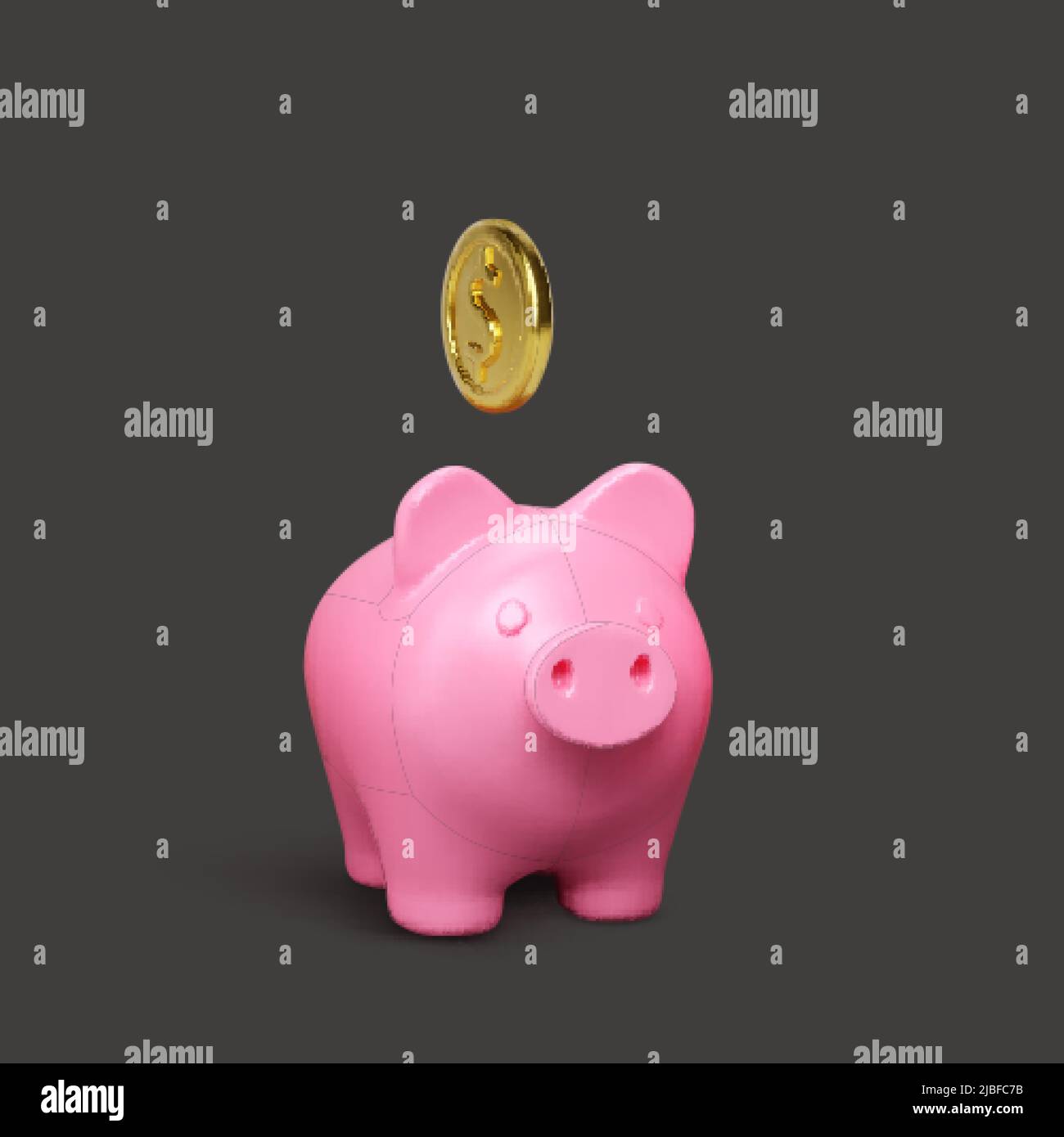 Banco de cerdo rosa sobre fondo oscuro. Concepto de negocio creativo del dinero. Diseño realista 3D monedas de oro. Inversión financiera segura o servicios financieros Ilustración del Vector