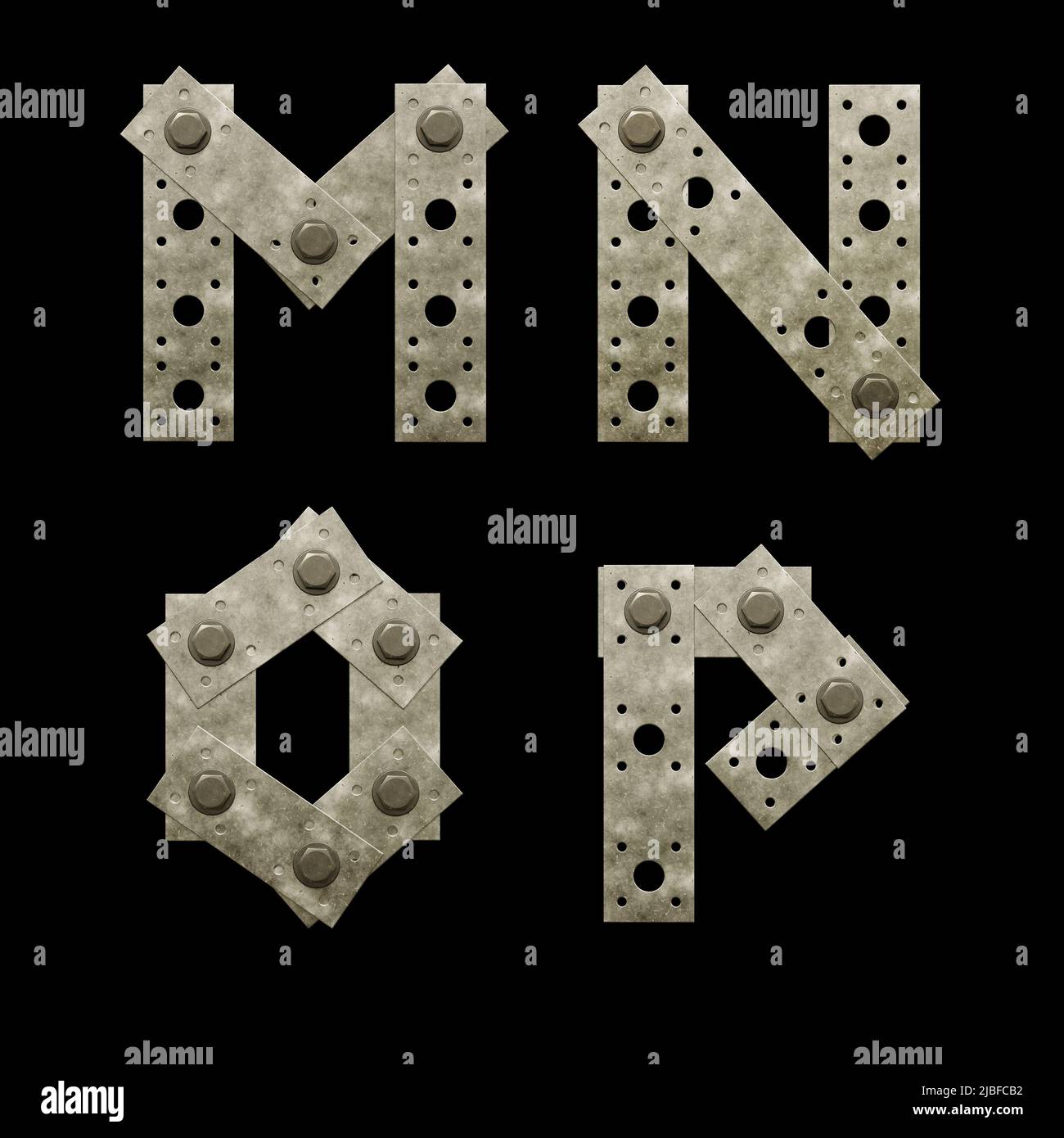 3D Renderizado de letra mayúscula de la placa de fijación de metal - letras M-P Foto de stock