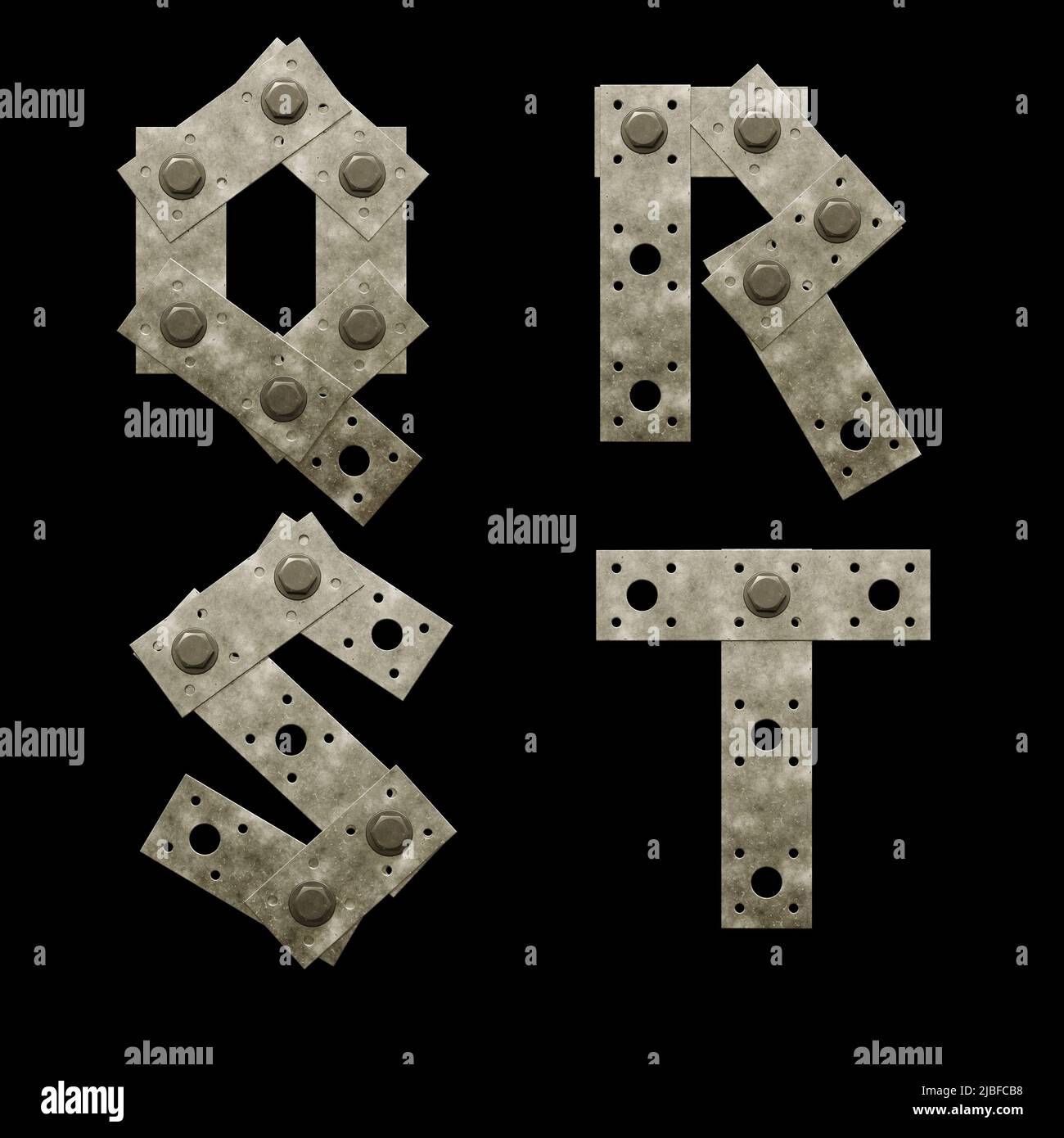 3D Renderizado de letra mayúscula de la placa de fijación de metal - letras Q-T. Foto de stock