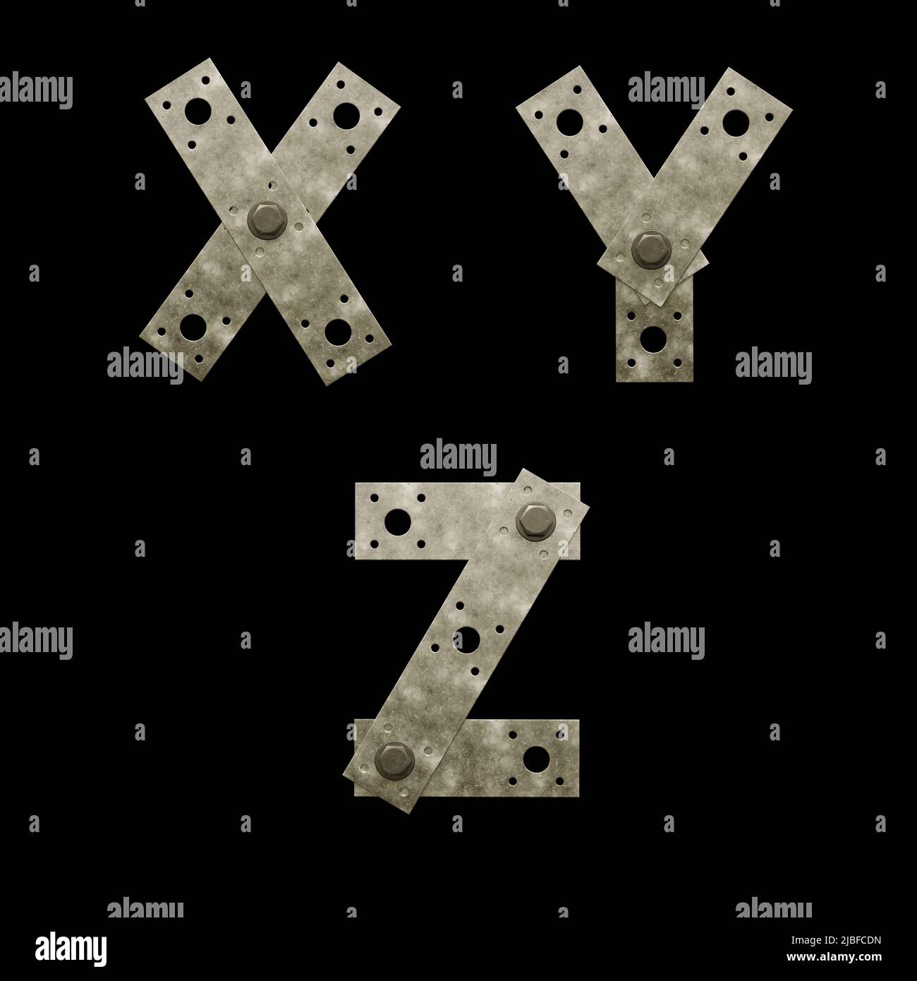 3D Renderizado de letra mayúscula de la placa de fijación metálica - letras X-Z Foto de stock