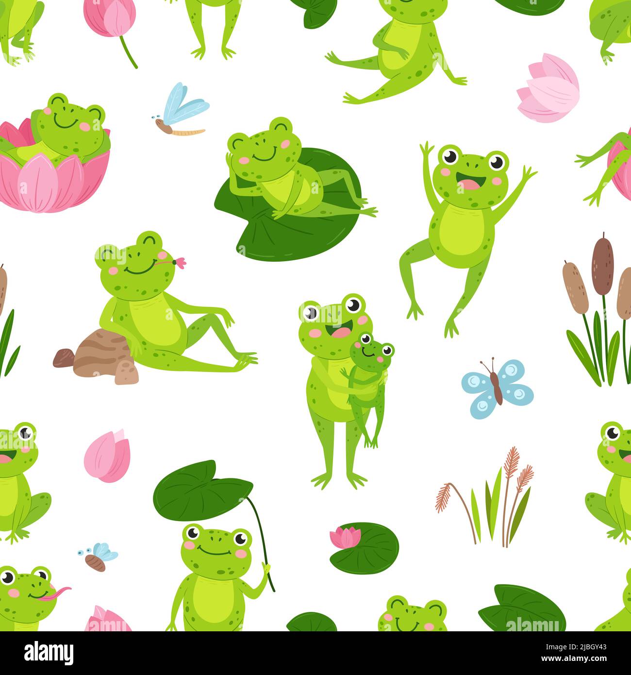 Dibujo animado de ranas verdes sin costuras. Rana y loto, sapo en el estanque comer, relajante. Lirio de agua y cañas, bosque infantil de fondo vector animal Imagen Vector de stock - Dibujo animado de ranas verdes sin costuras. Rana y loto, sapo en el estanque comer, relajante. Lirio de agua y cañas, bosque infantil de fondo vector animal Imagen Vector de stock -