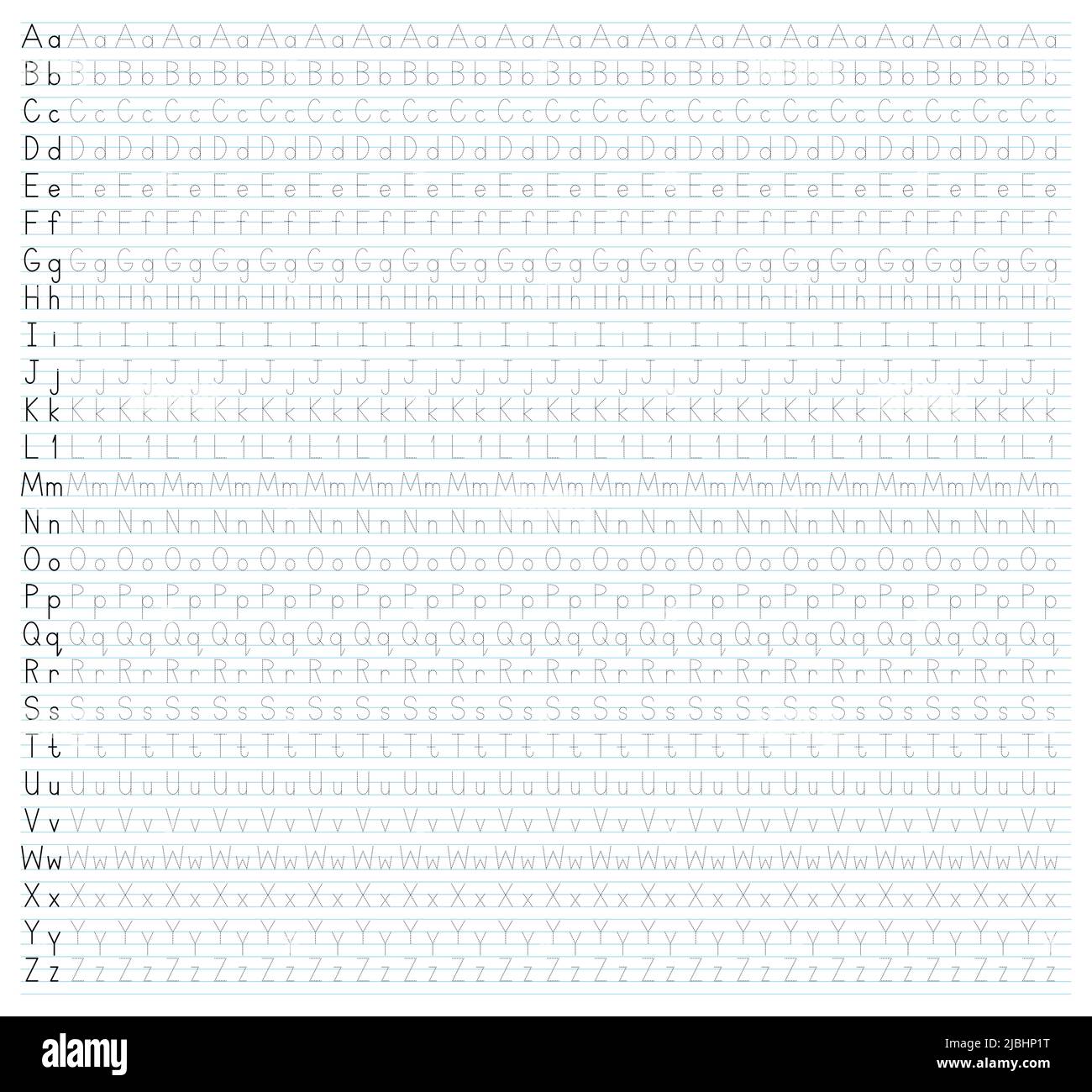 Hoja de trabajo para aprender a escribir el alfabeto inglés completo. Letra  de trazo de línea discontinua sobre fondo blanco con marcado azul Imagen  Vector de stock - Alamy