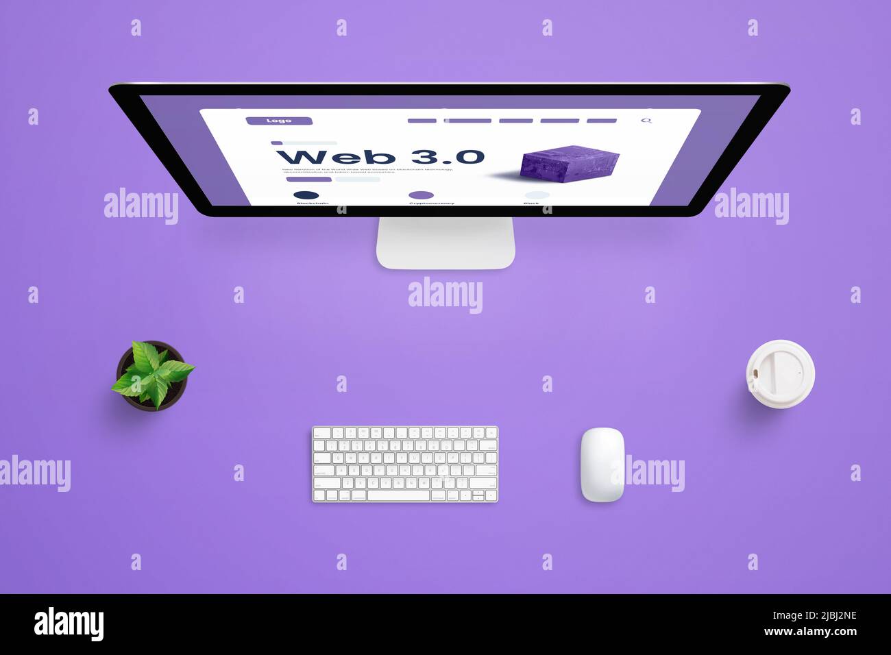 Vista superior de la composición del escritorio con pantalla de ordenador y presentación Web 3,0 Foto de stock