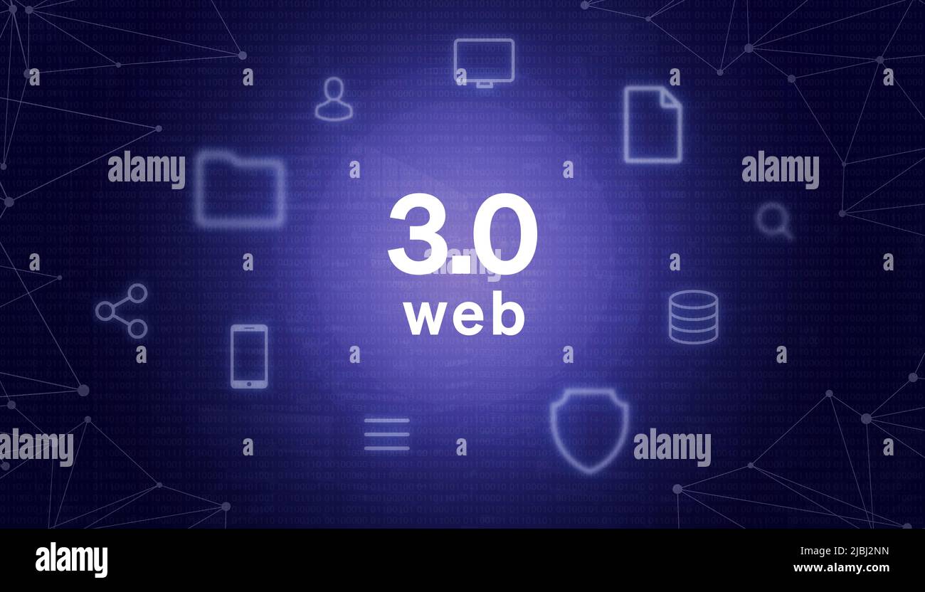 Concepto Web 3,0 semántico con nodos de red e iconos de servicio. Ilustración de la red mundial Foto de stock