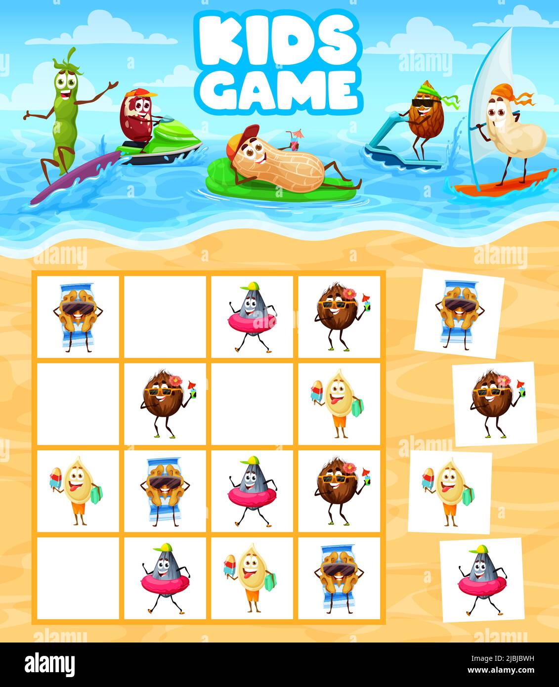 Sudoku juegos para niños, divertidos personajes de nueces en la playa de  verano, hoja de cálculo de rompecabezas vectorial. Sudoku cuadrícula de  acertijos para encontrar y combinar dibujos animados de coco, cacahuete