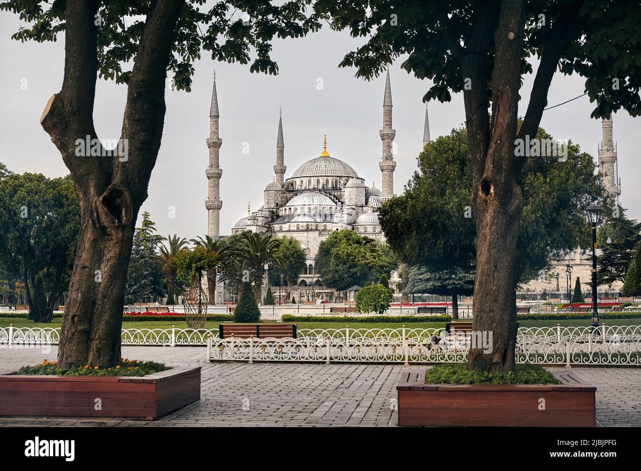 Hagia Sophia Ayasofya Famosa vista desde el Parque Sultán Ahmet con árboles verdes en Estambul, Turquía. Foto de stock