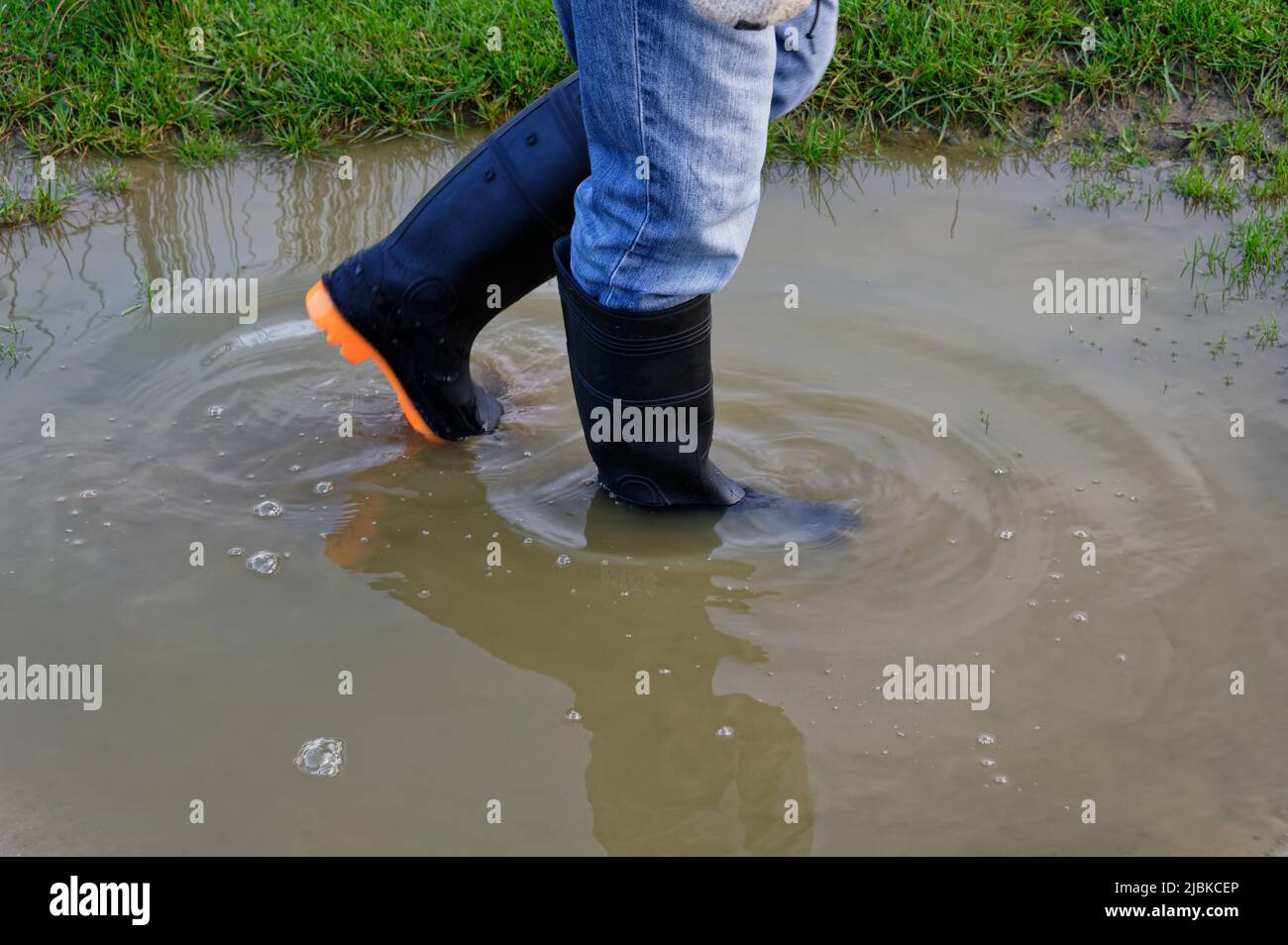 Botas de agua mantienen los pies secos mientras caminan a través de grandes charcos Foto de stock