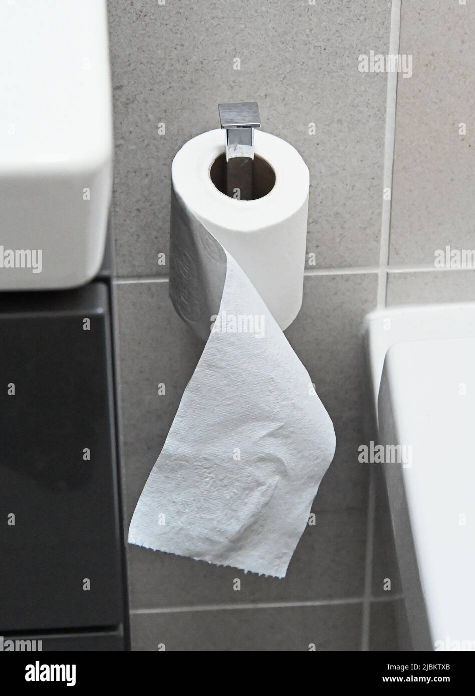 Rollo de papel higiénico en el soporte del baño de azulejos. Foto de stock