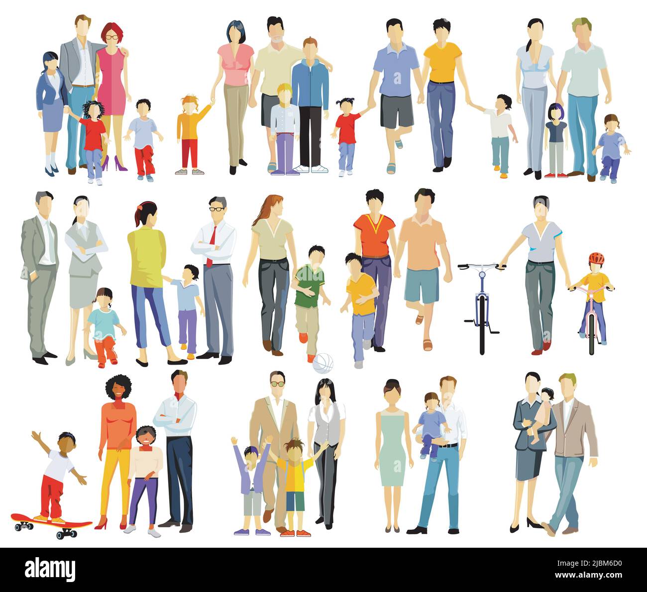 Padres e hijos, grupos familiares aislados en blanco, ilustración