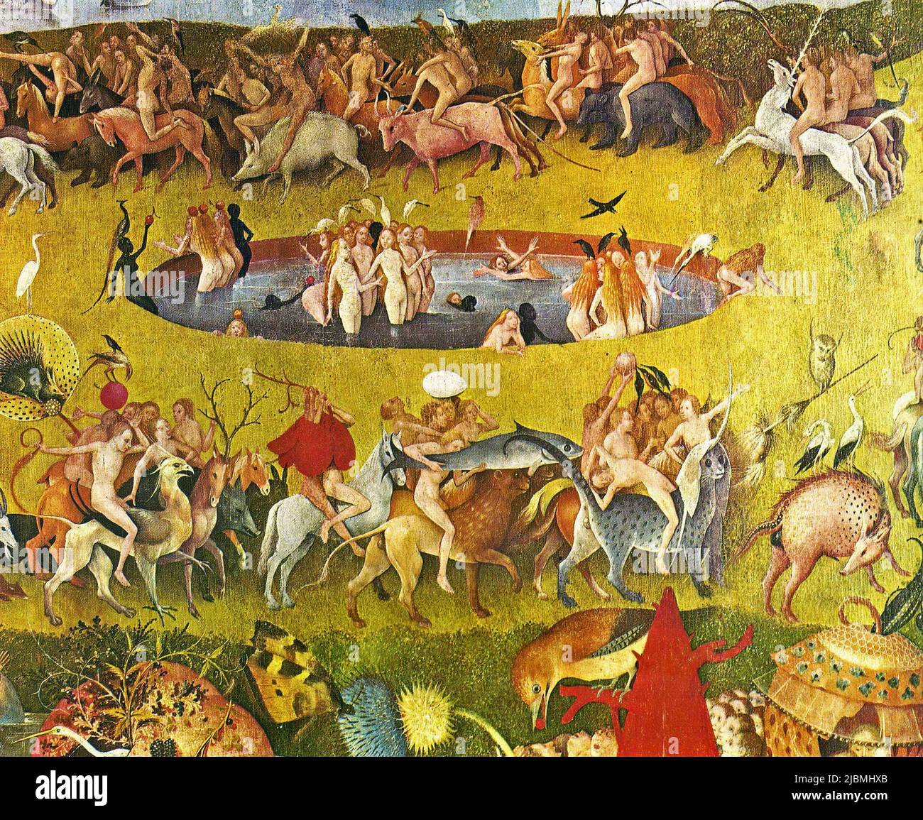 'El Jardín de las Delicias Terrenales'. Detalle del panel central del tríptico. Pintura de Hieronymus Bosch. Madrid, Prado. Foto de stock