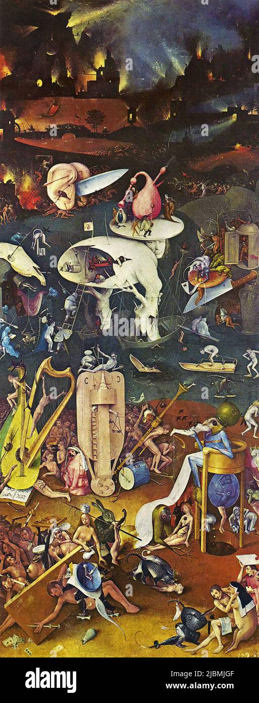 'Infierno' ala derecha del tríptico. 'El Jardín de las Delicias Terrenales'. Pintura de Hieronymus Bosch. Madrid, Prado. Foto de stock