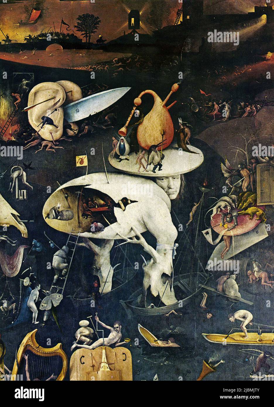 'Infierno', 'El Jardín de las Delicias Terrenales'. Detalle del ala derecha del tríptico. Pintura de Hieronymus Bosch. Madrid, Prado. Foto de stock