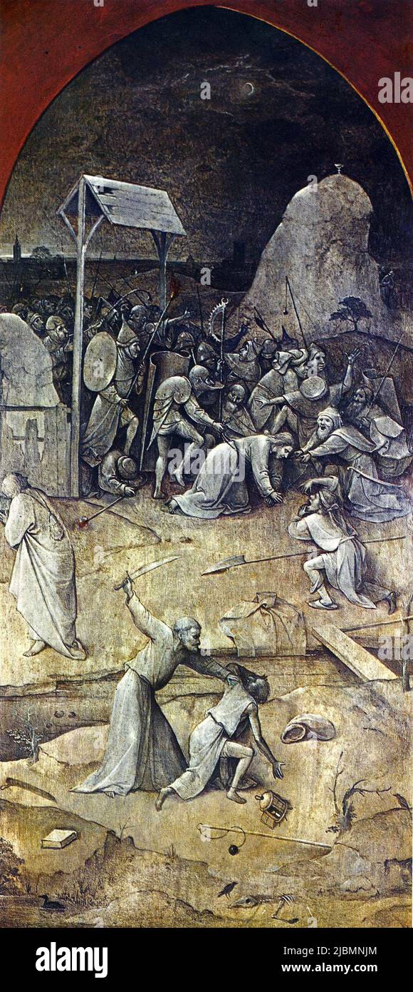 'El arresto de Cristo', ala izquierda cerrada del tríptico, 'La tentación de San Antonio por Hieronymus Bosch. Lisboa, Museu Nacional de Arte Antiga. Foto de stock