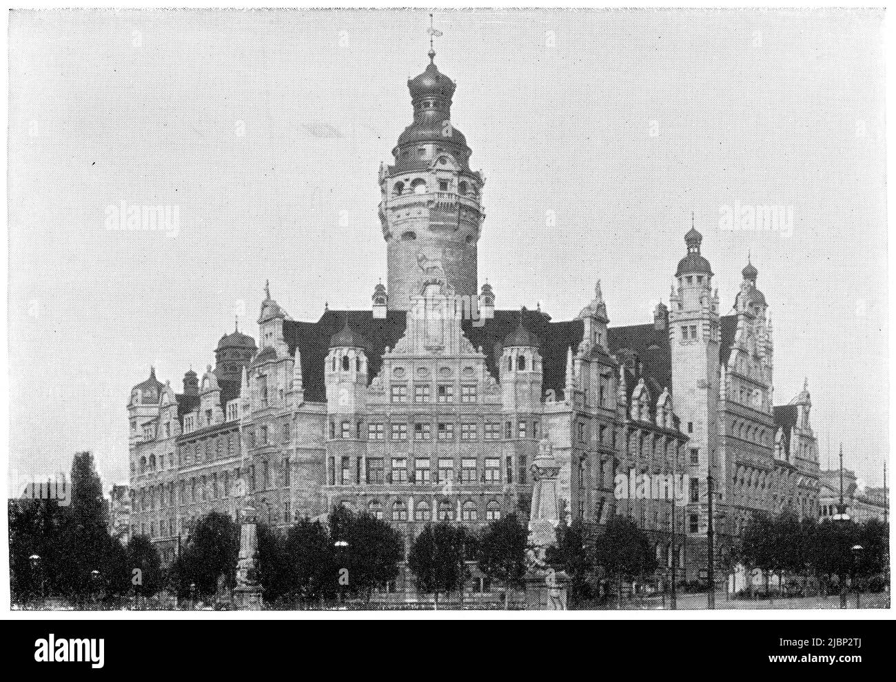 Nuevo Ayuntamiento de Leipzig (Neues Rathaus) por el arquitecto Hugo Georg Licht. Publicación del libro 'Meyers Konversations-Lexikon', Volumen 2, Leipzig, Alemania, 1910 Foto de stock