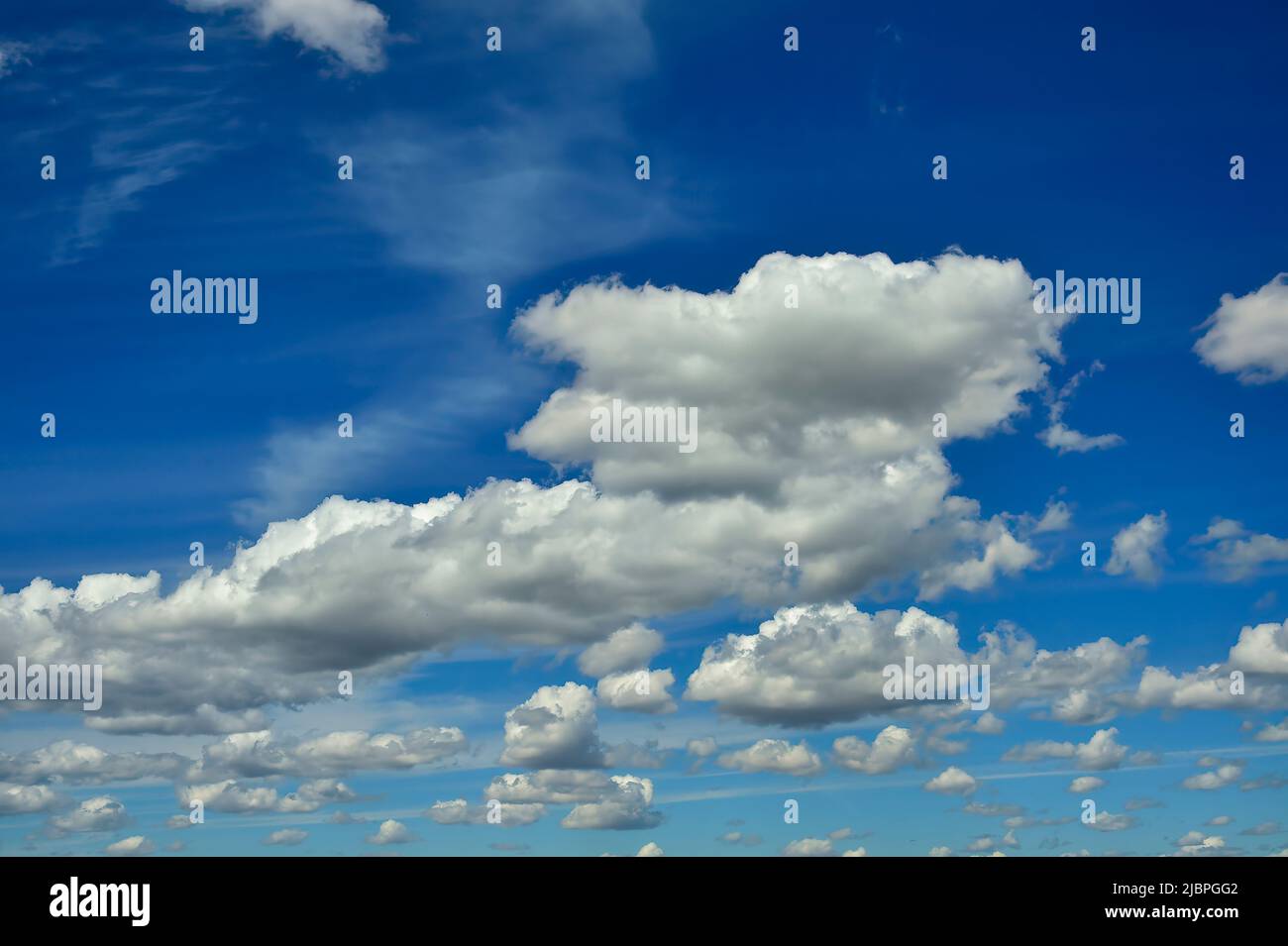 Nubes hinchadas blancas flotando a través de un cielo azul en la zona rural de Alberta, Canadá Foto de stock