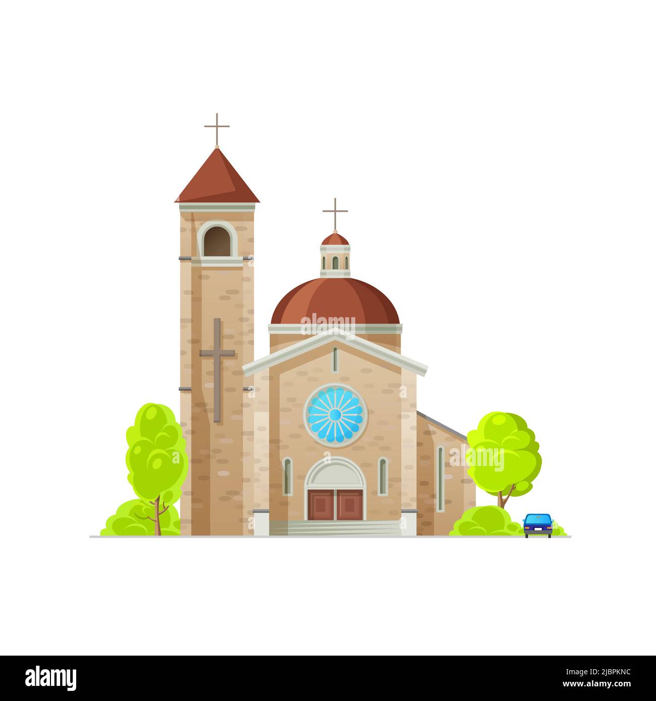 Iglesia católica, templo o catedral con cruces, construcción vectorial de  la arquitectura de la religión cristiana. Casa religiosa con campanario,  capilla y campanario, crucifijo y vidrieras góticas Imagen Vector de stock -