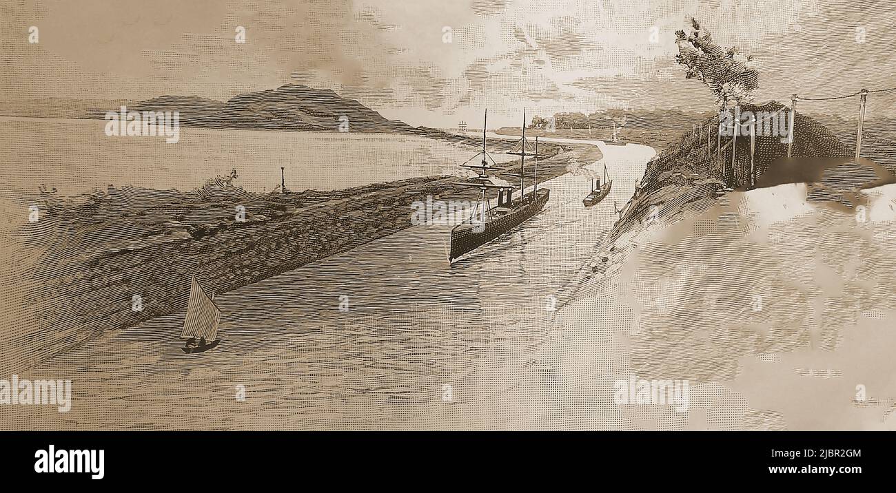 Un grabado de finales del siglo 19th de parte del Manchester Ship Canal, Reino Unido en Eastham con los 30 m (100 pies) de altura Mount Manisty / Manistee, un cerro construido de escombros excavados. Foto de stock