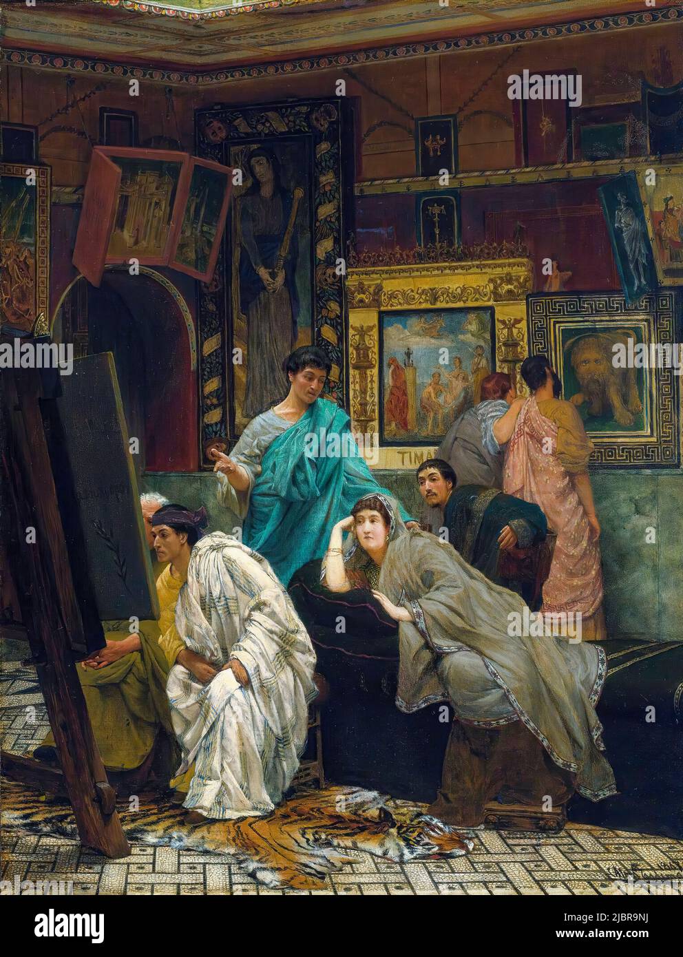 Sir Lawrence Alma Tadema, un coleccionista de imágenes en la época de Augusto, pintando en óleo sobre lienzo, 1867 Foto de stock