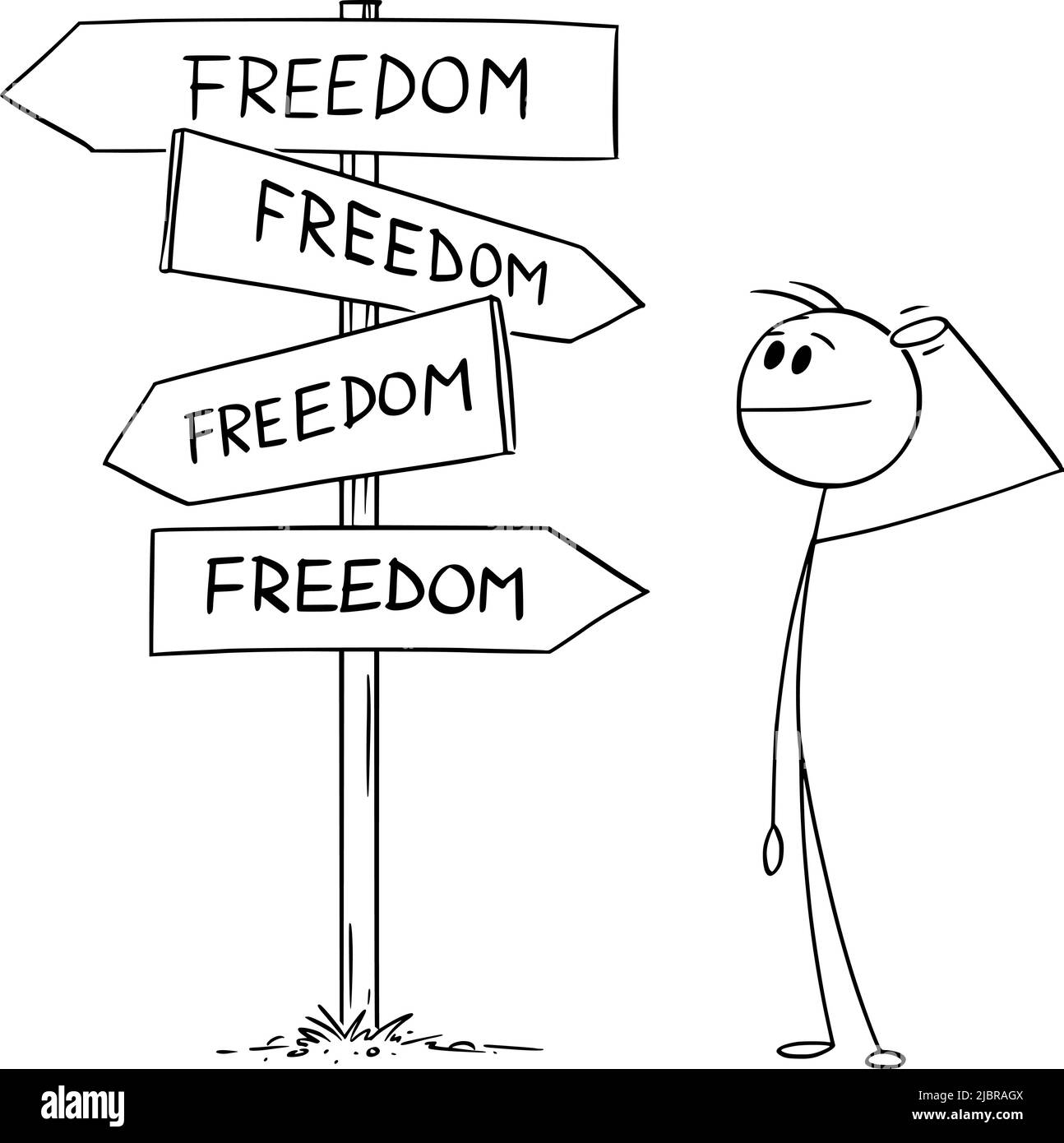 Persona de pie en Crossroad, decidir y elegir de Freedom Choices , Vector Cartoon Stick Ilustración de la figura Ilustración del Vector